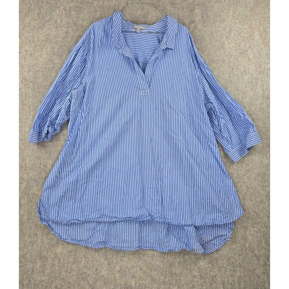 Woman Within Womens Striped Button-Up Blue Tunic Blouse 3X Cotton Relaxed Fit - Picture 1 of 8